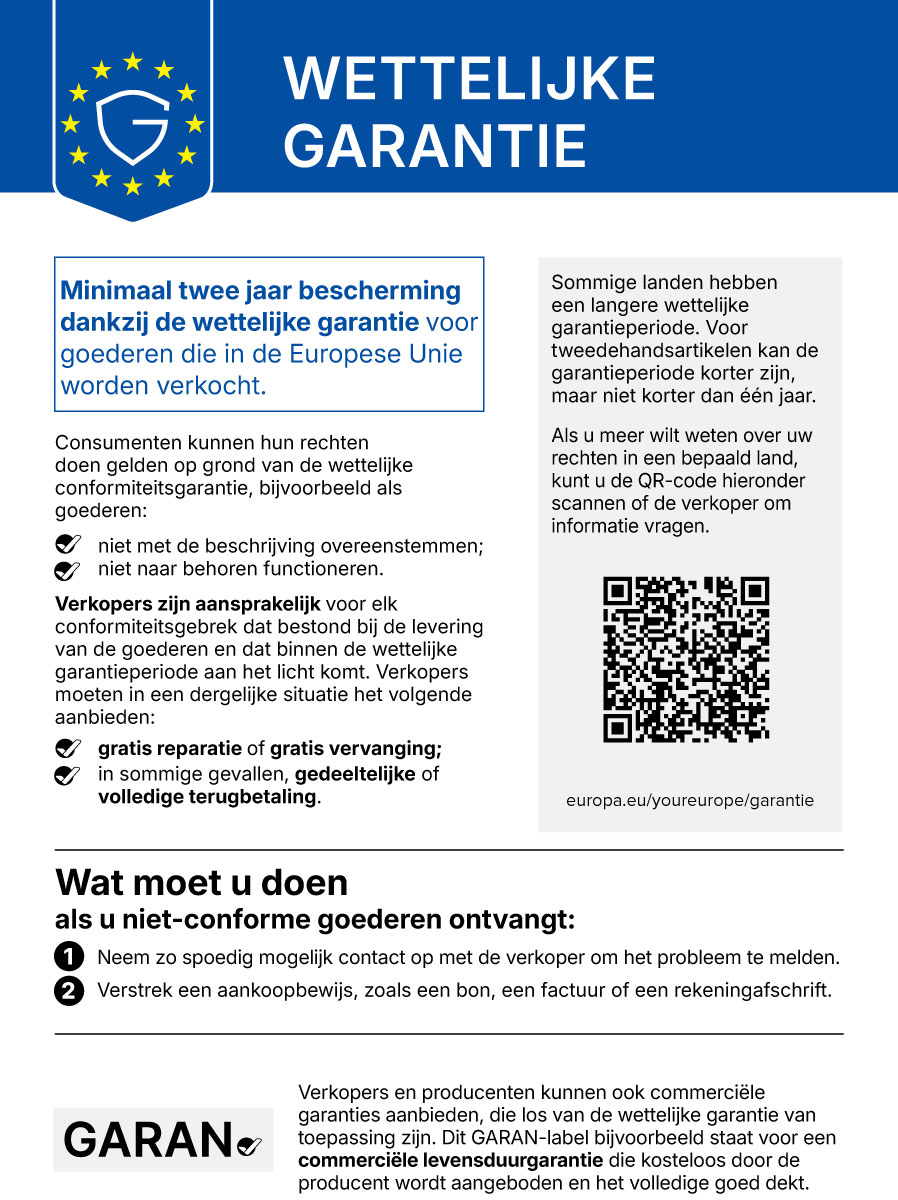 Officiële EU-kennisgeving: wettelijke conformiteitsgarantie van minimaal twee jaar